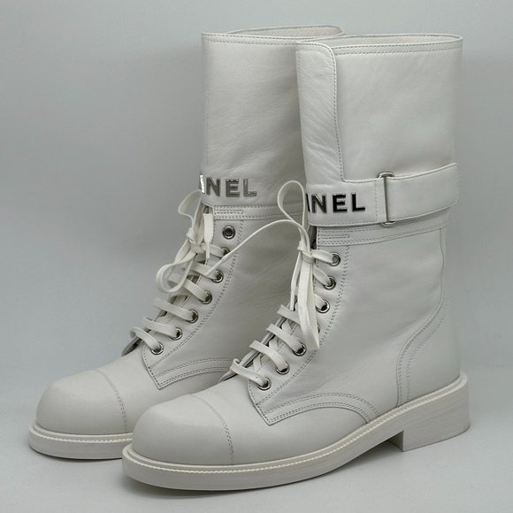 CHANEL 22A Signature Leather Lace Up Combat Biker Mid Calf Flat Boots - Picture 1 of 13